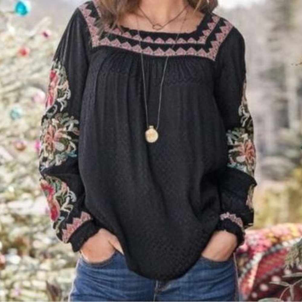 Sundance Black Embroidered Artiste Blouse XS